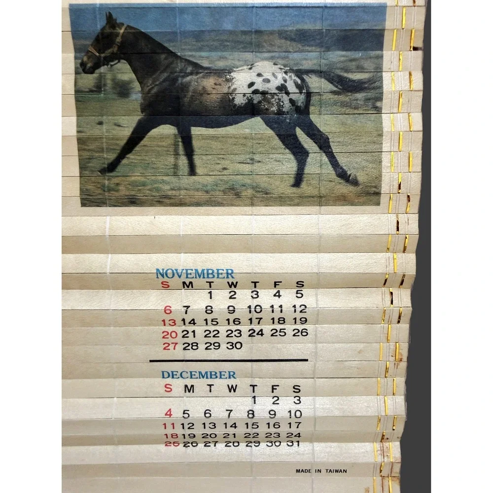 Vintage 1988-1989 Bamboo Slatted Double-Sided HORSE Calendar Roll 31.5